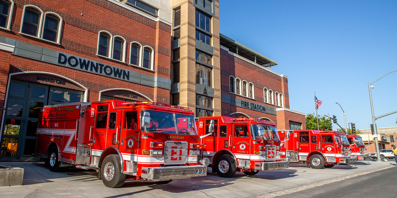 Anaheim FIre Rescue Engine and Aerial in front of Angel Stadium